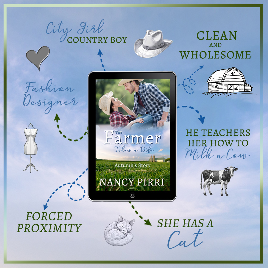 The Farmer Takes a Wife by Nancy Pirri tropes promo graphic by Caroline Andrus